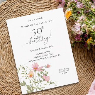 Invitation Carte Postale 50e anniversaire Féminin Aquarelle Fleur sauvage