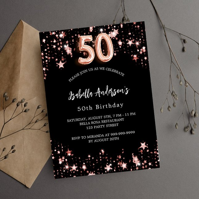 Invitation Carte Postale 50e anniversaire noir rose étoiles d'or (Créateur téléchargé)