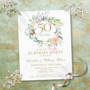 Invitation Carte Postale 50e anniversaire Surprise Party Roses Garland