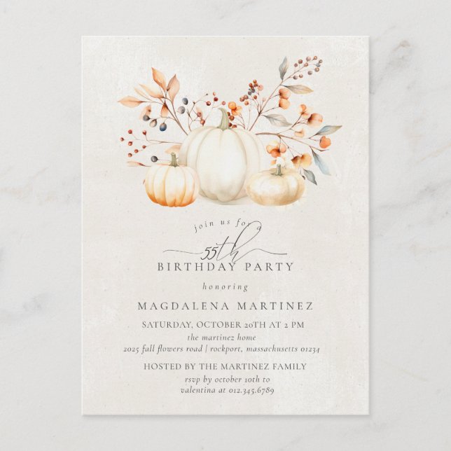 Invitation Carte Postale 55e fête d'anniversaire Citrouille blanc Feuilles  (Devant)