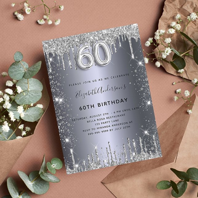 Invitation Carte Postale 60e anniversaire argent gouttes de parties scintil (Créateur téléchargé)