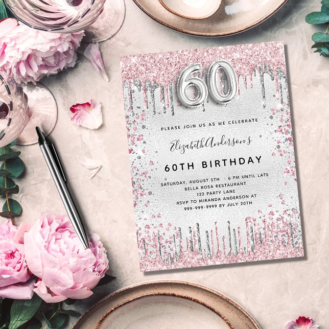 Invitation Carte Postale 60e anniversaire argent rose parties scintillant p (Créateur téléchargé)