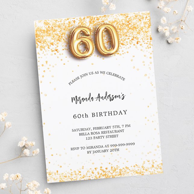 Invitation Carte Postale 60e anniversaire blanc confetti élégant or (Créateur téléchargé)