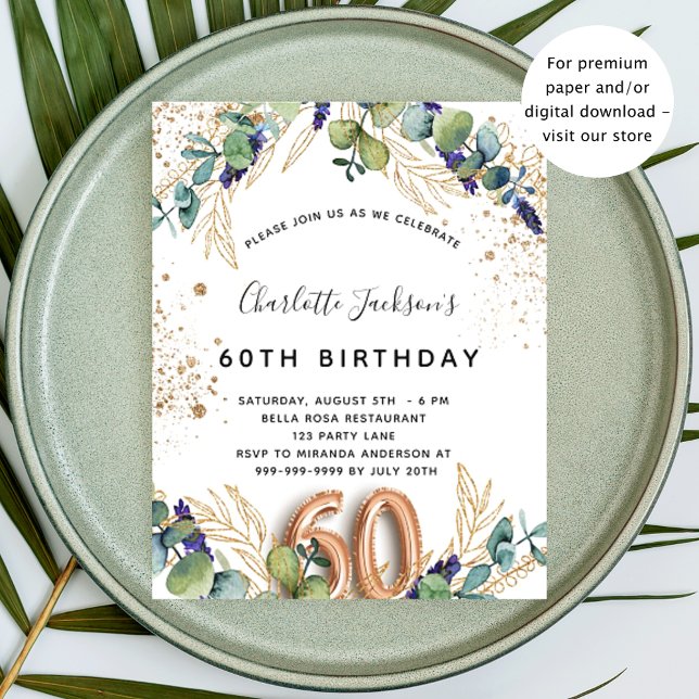 Invitation Carte Postale 60e anniversaire eucalyptus parties scintillant ve (Créateur téléchargé)
