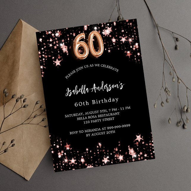 Invitation Carte Postale 60e anniversaire noir rose étoiles d'or (Créateur téléchargé)
