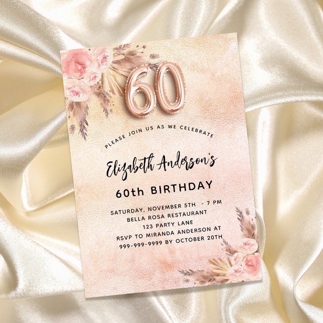 Invitation Carte Postale 60e anniversaire pampas herbe fleurons d'or rose (Créateur téléchargé)