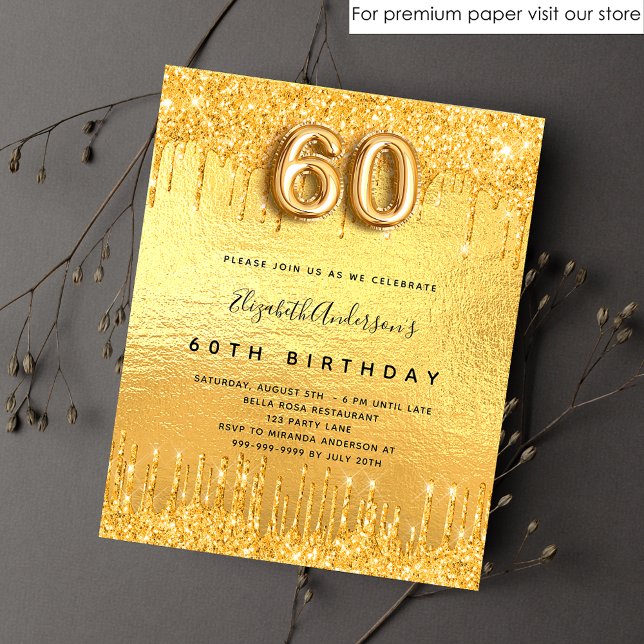 Invitation Carte Postale 60e anniversaire parties scintillant or gouttes (Créateur téléchargé)