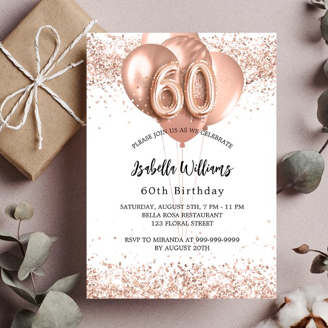 Invitation Carte Postale 60e anniversaire rose ballons d'or blanc (Créateur téléchargé)