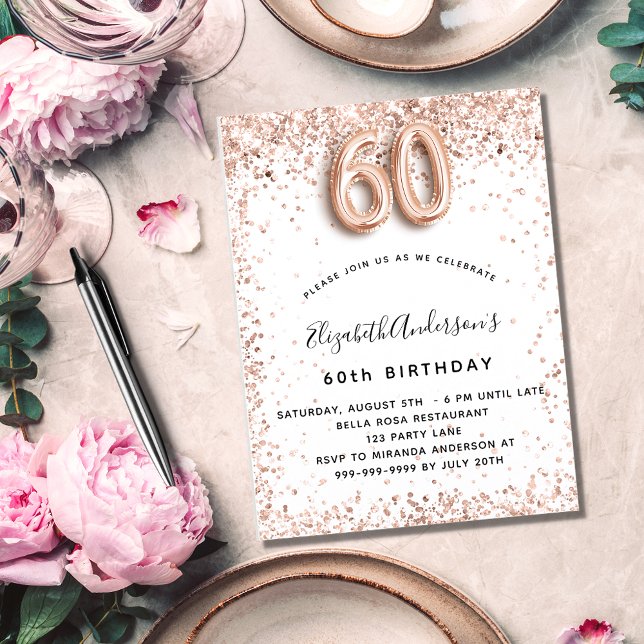 Invitation Carte Postale 60e anniversaire rose blanche éclat or (Créateur téléchargé)