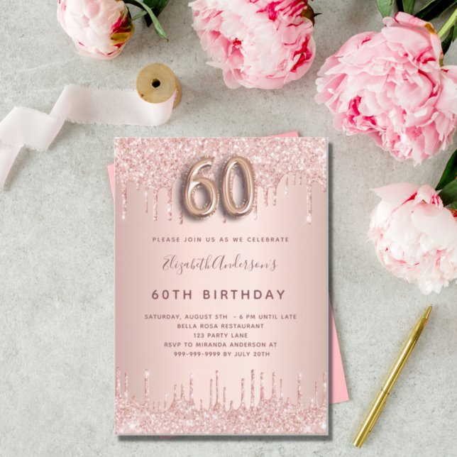 Invitation Carte Postale 60e anniversaire rose gouttes de parties scintilla (Créateur téléchargé)