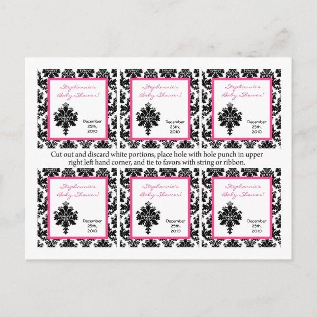 Invitation Carte Postale 6 Favoriser les étiquettes Hot Pink Black Damask (Devant)