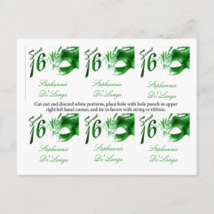 Invitation Carte Postale 6 Favour Tags Sweet 16 Green Party Mask