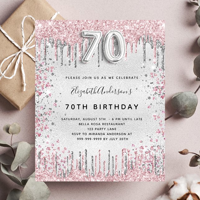 Invitation Carte Postale 70e anniversaire argent rose parties scintillant p (Créateur téléchargé)