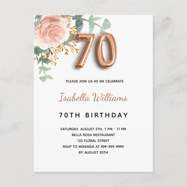 Invitation Carte Postale 70e anniversaire fleurie rose or eucalyptus vert (Devant)