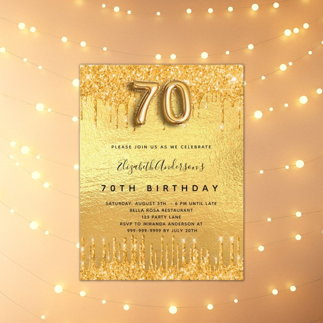 Invitation Carte Postale 70e anniversaire parties scintillant or gouttes (Créateur téléchargé)