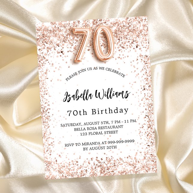 Invitation Carte Postale 70e anniversaire rose or blanc élégant (Créateur téléchargé)