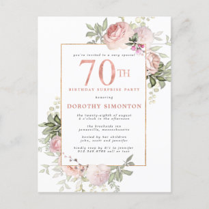 Invitation Carte Postale 70e anniversaire Surprise Party Rose rose Floral