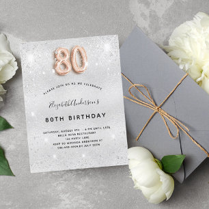Invitation Carte Postale 80e anniversaire argent métal rose or parties scin