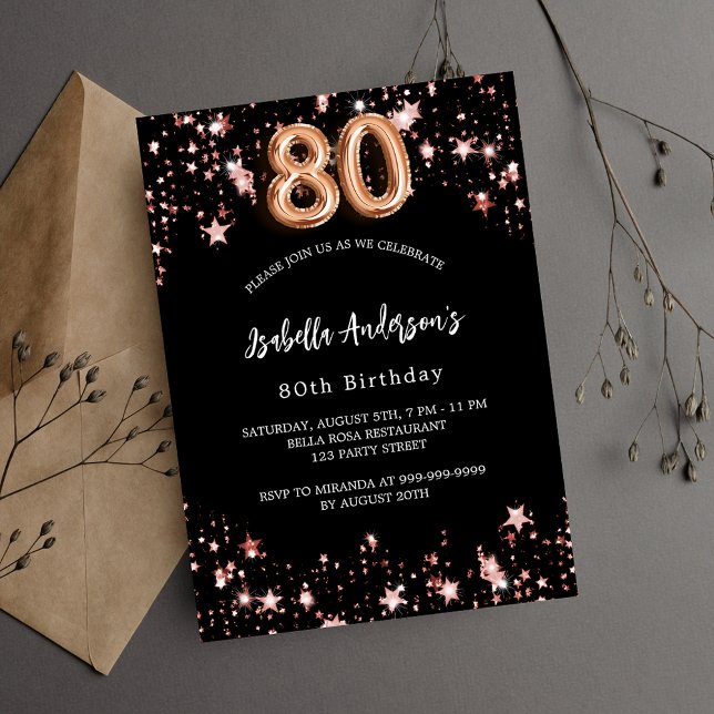 Invitation Carte Postale 80e anniversaire noir rose étoiles d'or (Créateur téléchargé)