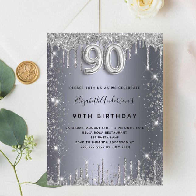 Invitation Carte Postale 90e anniversaire argent métal parties scintillant  (Créateur téléchargé)