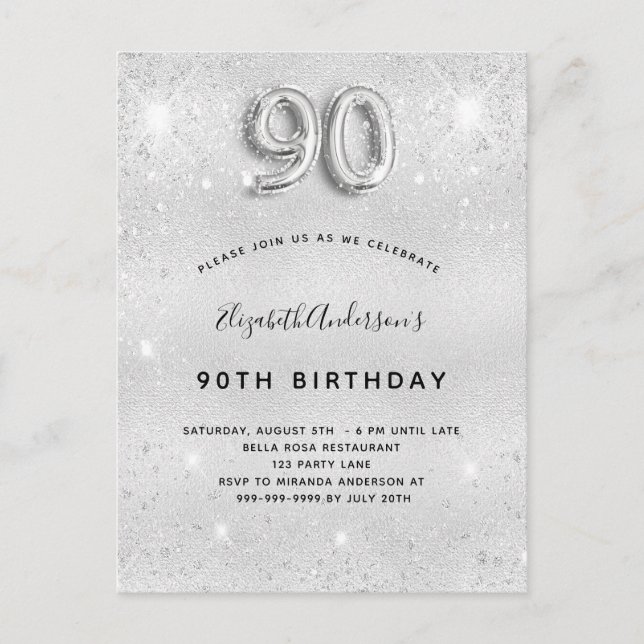 Invitation Carte Postale 90e anniversaire argent métal parties scintillant  (Devant)