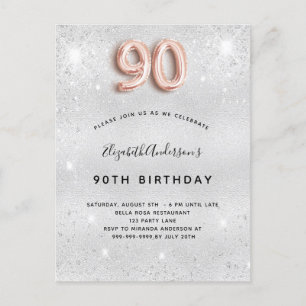 Invitation Carte Postale 90e anniversaire argent métal rose or parties scin