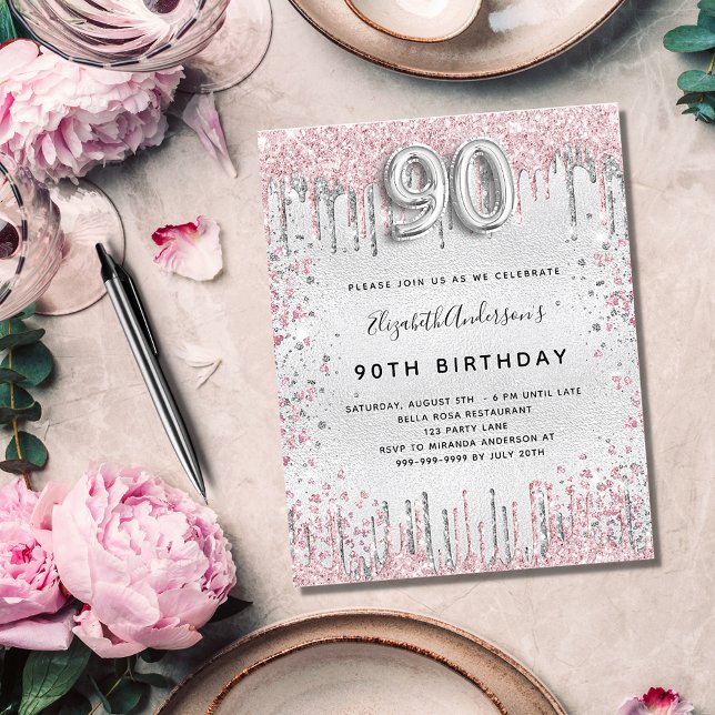 Invitation Carte Postale 90e anniversaire argent rose parties scintillant p (Créateur téléchargé)