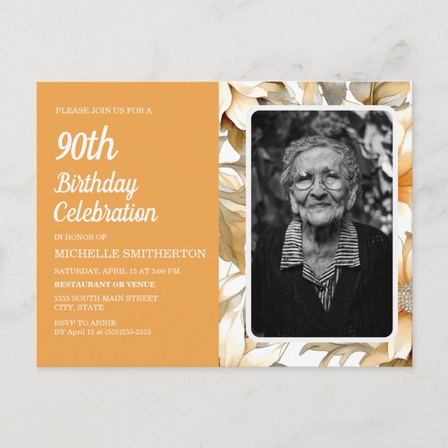 Invitation Carte Postale 90e anniversaire des femmes florales jaunes Photo (Devant)