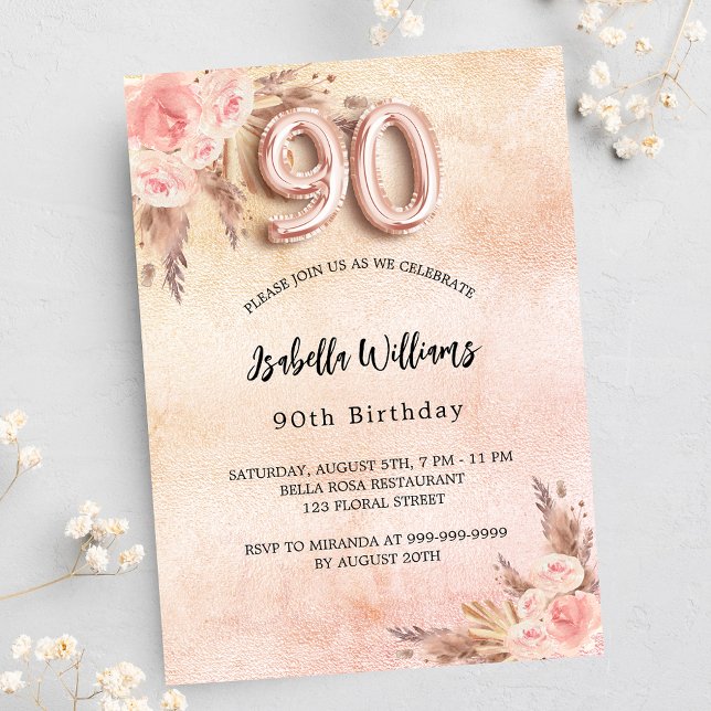 Invitation Carte Postale 90e anniversaire pampas herbe rose or fleurs boho (Créateur téléchargé)