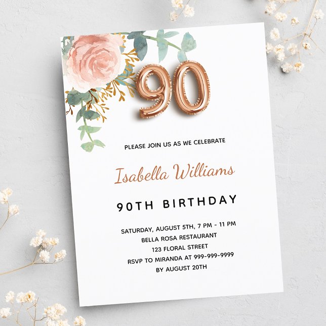 Invitation Carte Postale 90ème anniversaire fleuri rose or eucalyptus vert (Créateur téléchargé)