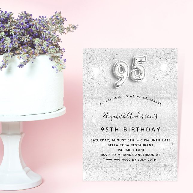 Invitation Carte Postale 95e anniversaire parties scintillant argent scinti (Créateur téléchargé)