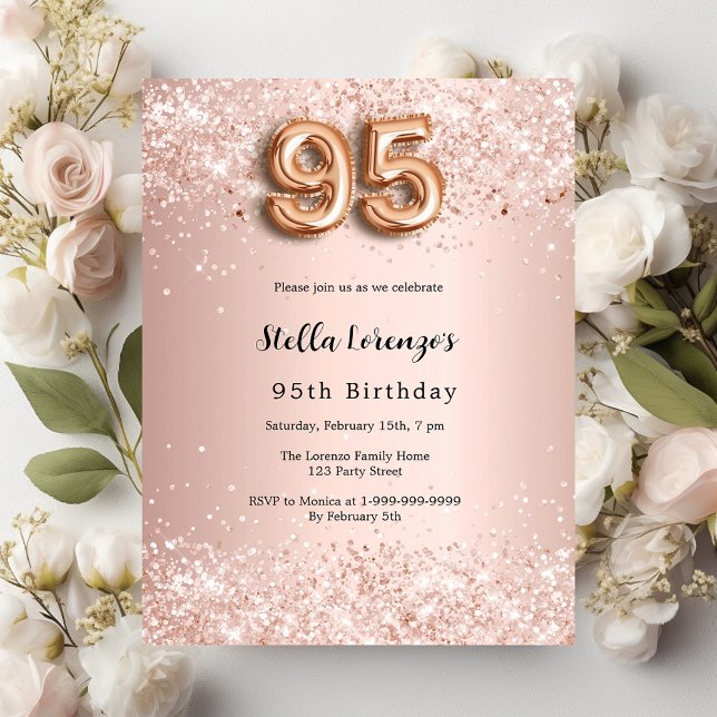 Invitation Carte Postale 95e anniversaire rose or rose (Créateur téléchargé)