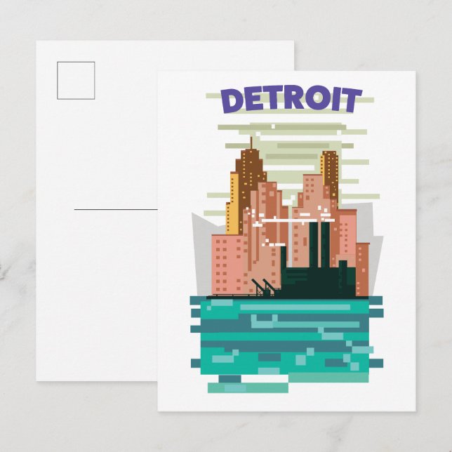 Invitation Carte Postale Affiche de voyage de la skyline de Détroit. (Devant / Derrière)