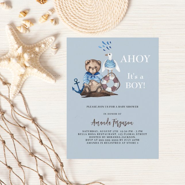 Invitation Carte Postale Ahoy c'est un garçon en peluche Baby shower marin (Créateur téléchargé)