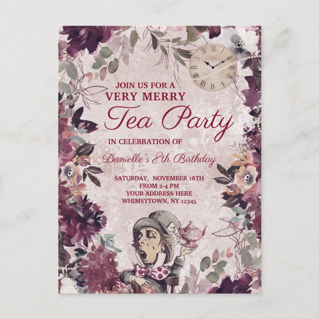 Invitation Carte Postale Alice au pays des merveilles Mad Hatday Tea Party (Devant)