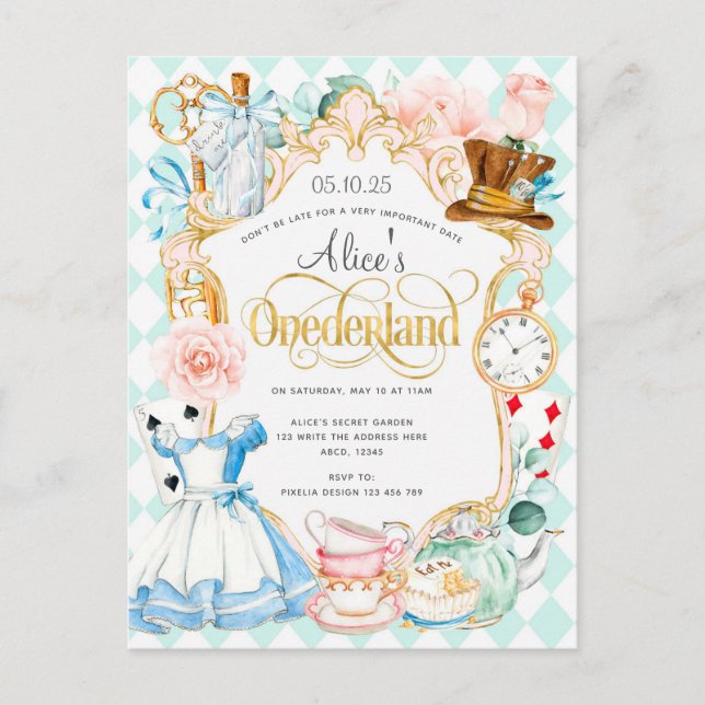 Invitation Carte Postale Alice Onederland tea party fille anniversaire invi (Devant)