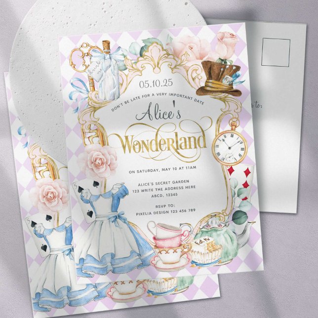 Invitation Carte Postale Alice onederland tea party fille premier anniversa (Créateur téléchargé)