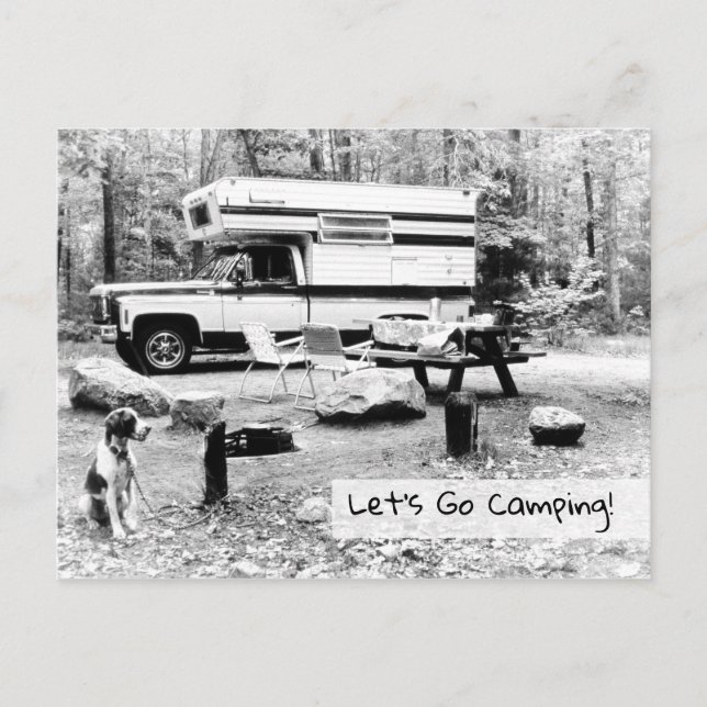 Invitation Carte Postale Allez Camping, Voyage Rétro Monochrome (Devant)
