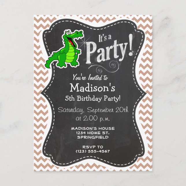Invitation Carte Postale Alligator ; Brown Chevron (Devant)