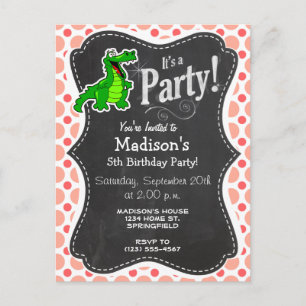 Invitation Carte Postale Alligator ; Pois rose et de corail