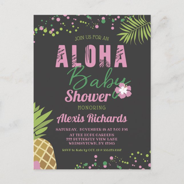 Invitation Carte Postale Aloha Baby rose Tropical Girl Baby shower foncé (Devant)