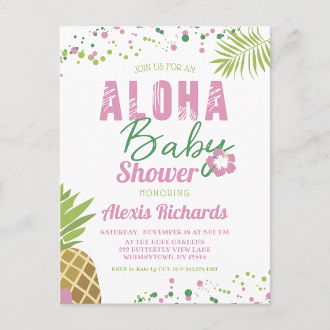 Invitation Carte Postale Aloha Bébé rose et vert Baby shower tropical fille (Devant)