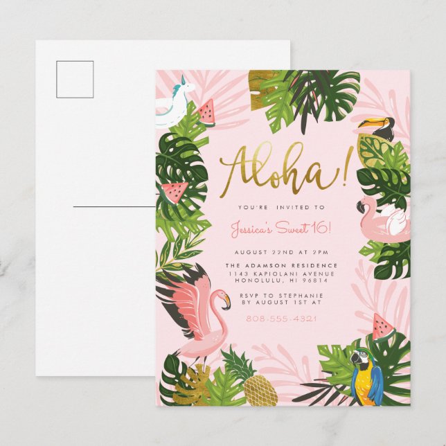 Invitation Carte Postale Aloha Hawaii Tropical Summer Gold Birthday Party (Devant / Derrière)