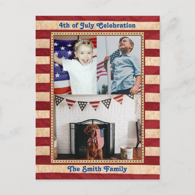 Invitation Carte Postale American Flag 3 Family Photo 4 juillet Célébrer (Devant)