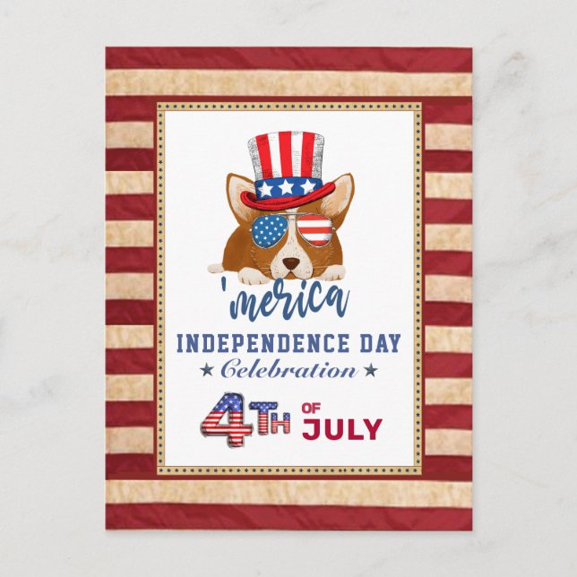 Invitation Carte Postale American Flag Patriotique Corgi 4 juillet (Devant)