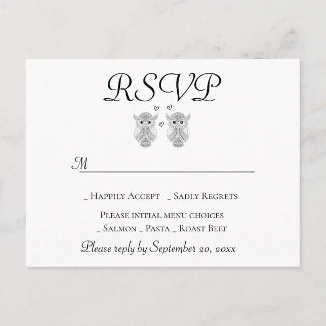 Invitation Carte Postale Amour Chouette RSVP Noir et Blanc Art Populaire Ma (Devant)