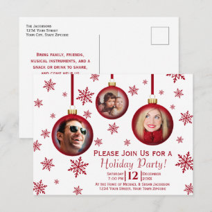 Invitation Carte Postale Amusants Red Christmas Baubles 3 Photo Holiday Par