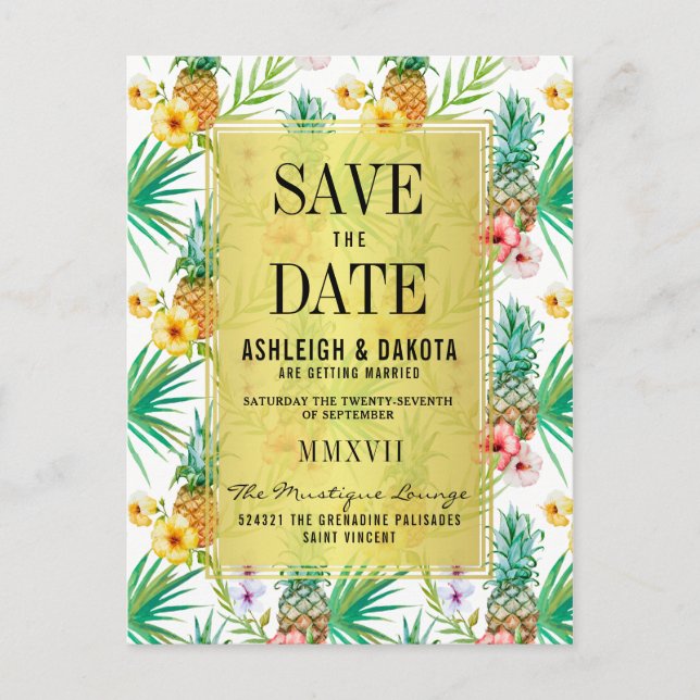 Invitation Carte Postale Ananas Tropical & Hibiscus Enregistrer La Date (Devant)