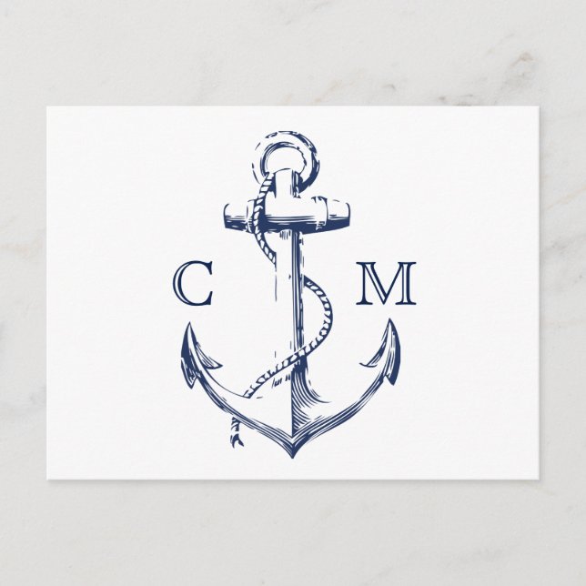 Invitation Carte Postale Ancre d'esquisse marine blanc RSVP (Devant)