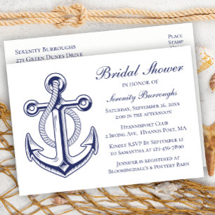Invitation Carte Postale Ancre Marine Bleu Fête des mariées nautique